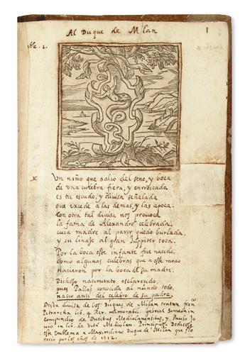 MANUSCRIPT.  Alciato, Andrea. Emblemas [spine title]. Manuscript in Spanish on paper, illustrated with woodcuts from a printed edition.